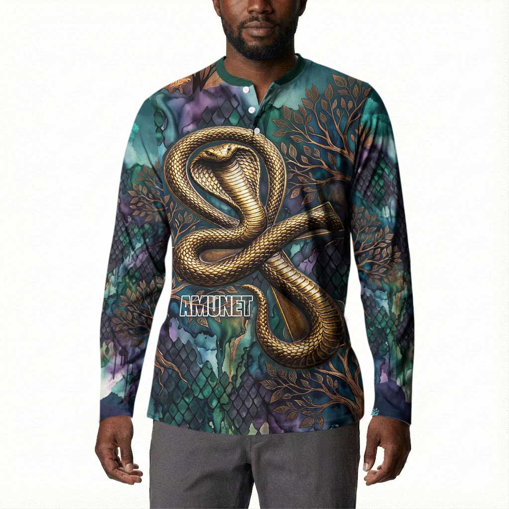 Amunet Ancient Temple Egyptian Button Sweatshirt with Golden Serpent Mythology in Teal Tones