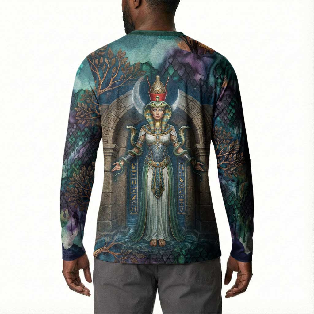 Amunet Ancient Temple Egyptian Button Sweatshirt with Golden Serpent Mythology in Teal Tones