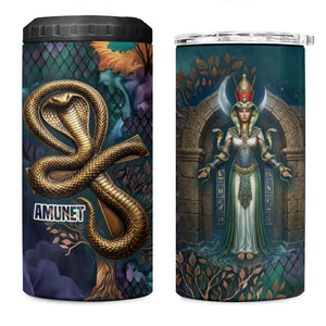 Amunet Ancient Temple Egyptian 4 in 1 Can Cooler Tumbler with Golden Serpent Mythology in Teal Tones