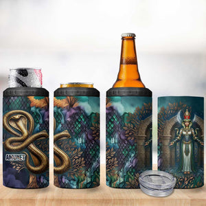 Amunet Ancient Temple Egyptian 4 in 1 Can Cooler Tumbler with Golden Serpent Mythology in Teal Tones
