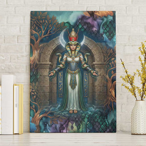 Amunet Ancient Temple Egyptian Canvas Wall Art with Golden Serpent Mythology in Teal Tones