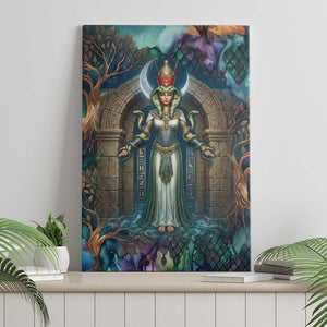 Amunet Ancient Temple Egyptian Canvas Wall Art with Golden Serpent Mythology in Teal Tones