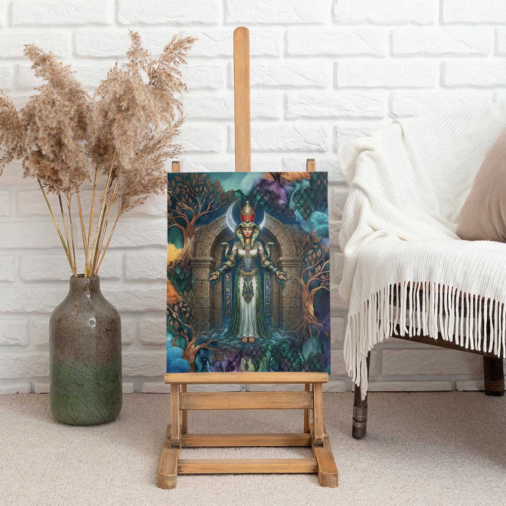 Amunet Ancient Temple Egyptian Canvas Wall Art with Golden Serpent Mythology in Teal Tones