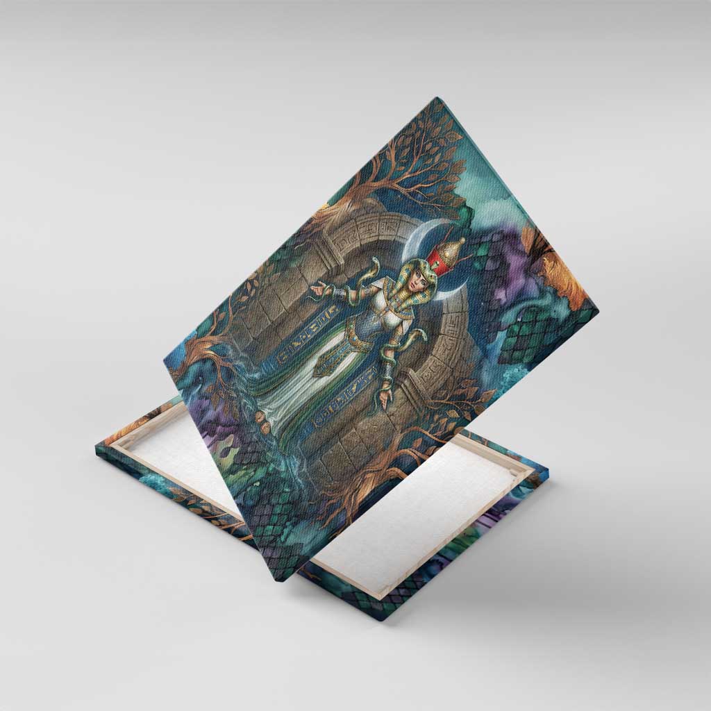 Amunet Ancient Temple Egyptian Canvas Wall Art with Golden Serpent Mythology in Teal Tones