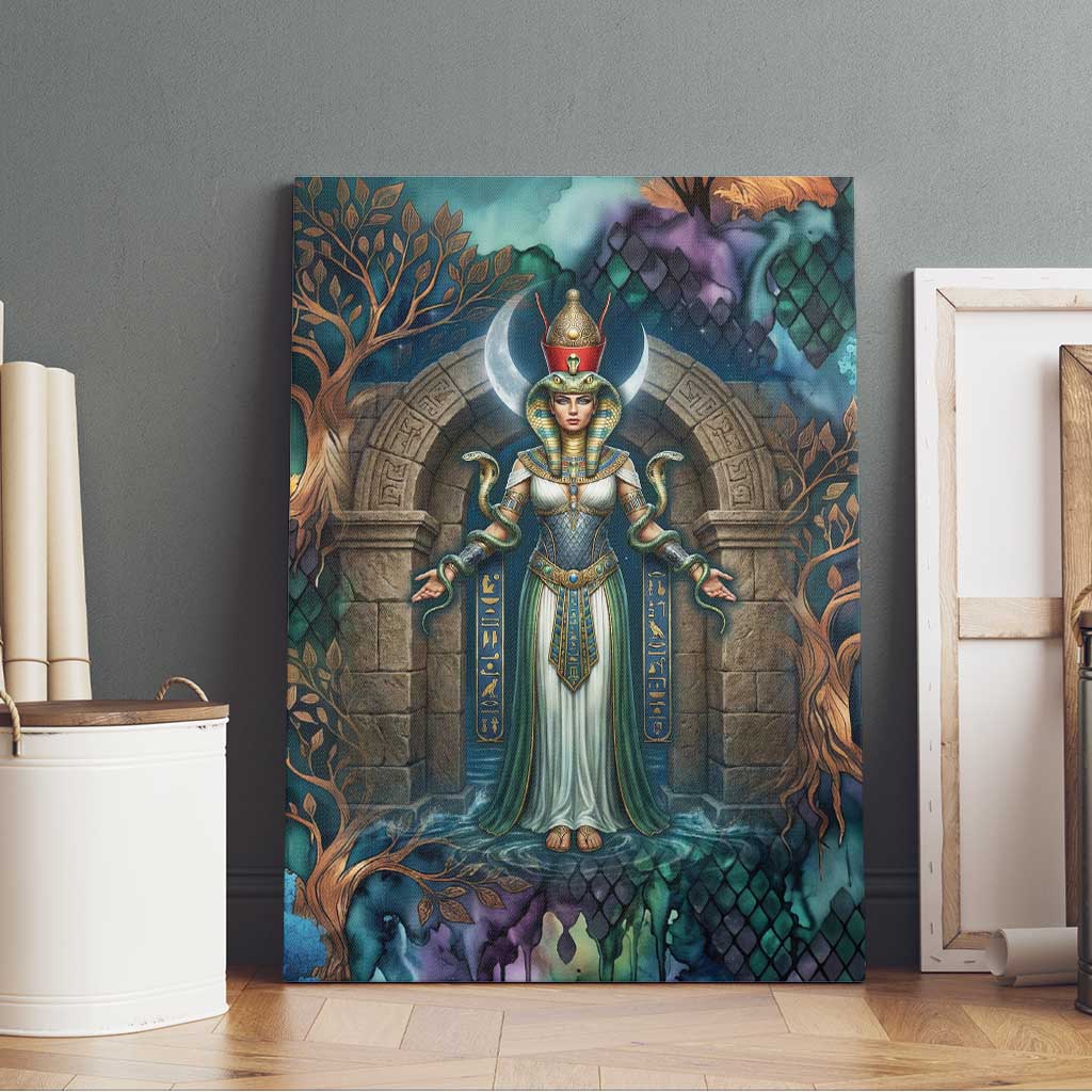 Amunet Ancient Temple Egyptian Canvas Wall Art with Golden Serpent Mythology in Teal Tones