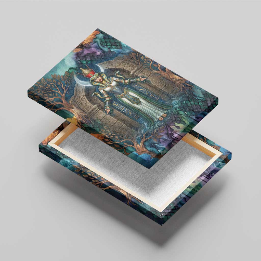 Amunet Ancient Temple Egyptian Canvas Wall Art with Golden Serpent Mythology in Teal Tones