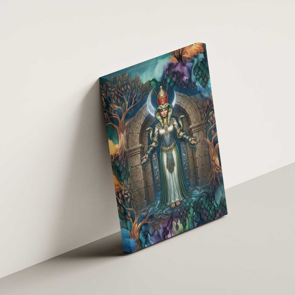 Amunet Ancient Temple Egyptian Canvas Wall Art with Golden Serpent Mythology in Teal Tones