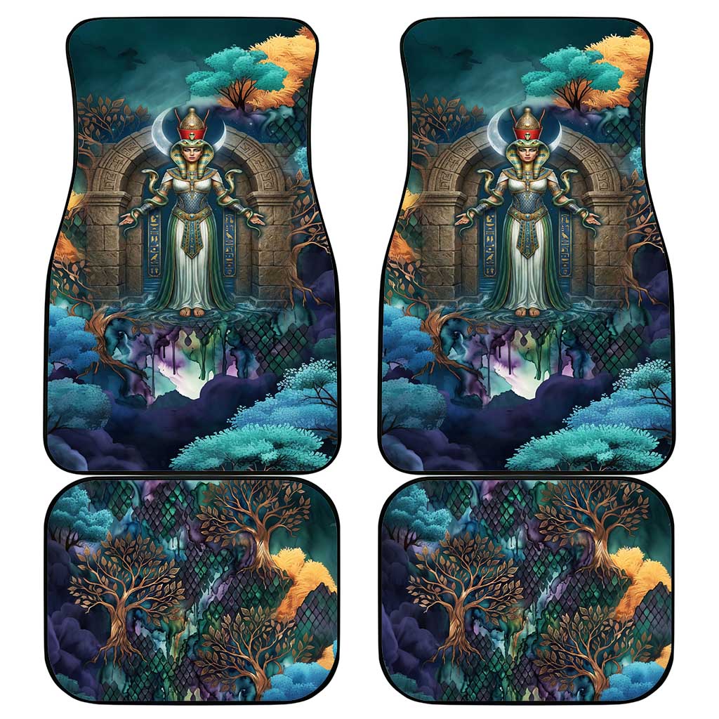 Amunet Ancient Temple Egyptian Car Mats with Golden Serpent Mythology in Teal Tones