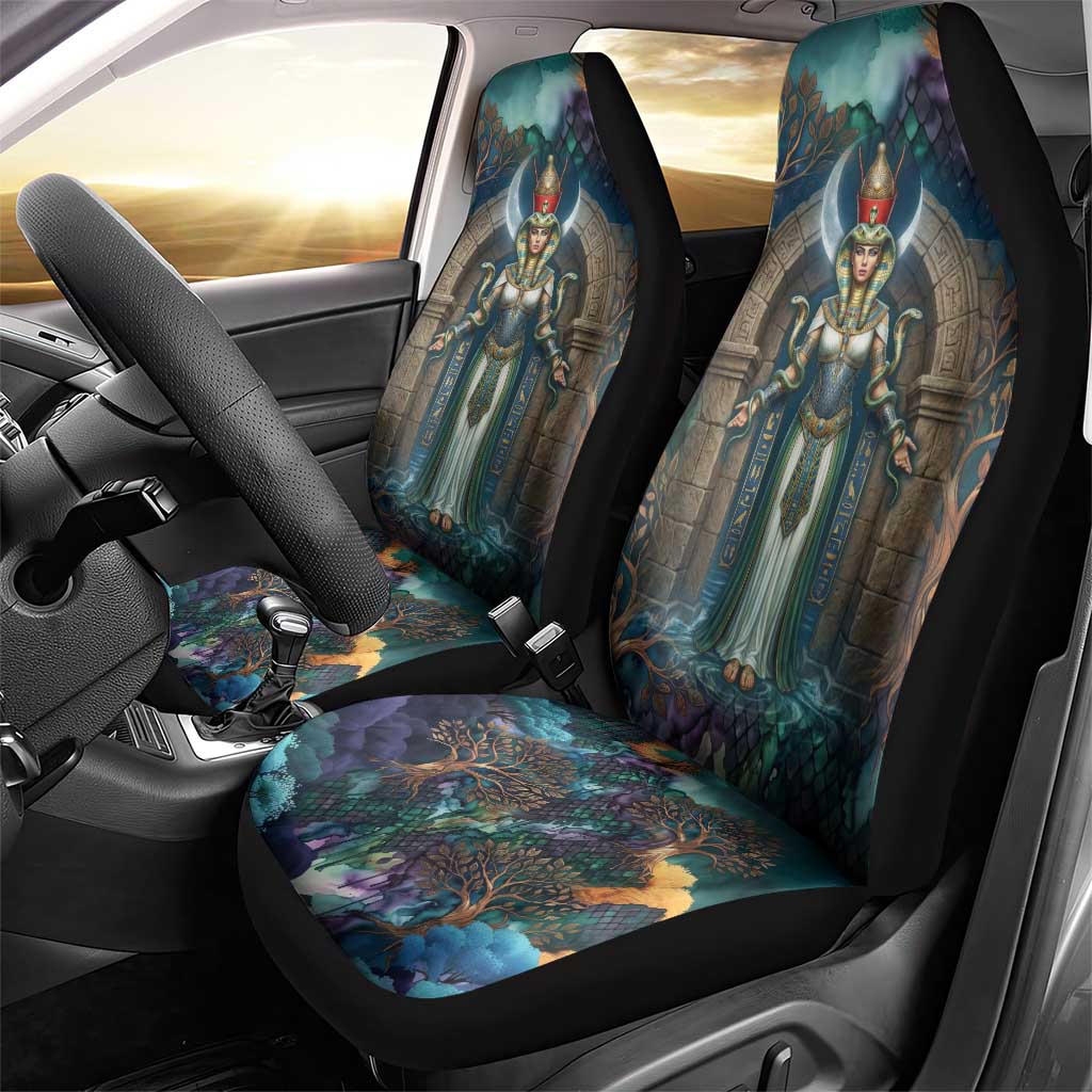 Amunet Ancient Temple Egyptian Car Seat Cover with Golden Serpent Mythology in Teal Tones