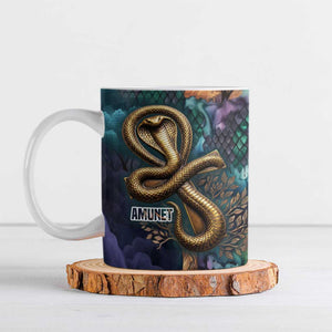 Amunet Ancient Temple Egyptian Ceramic Mug with Golden Serpent Mythology in Teal Tones
