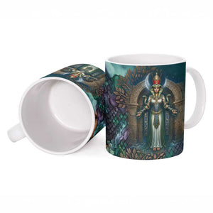 Amunet Ancient Temple Egyptian Ceramic Mug with Golden Serpent Mythology in Teal Tones