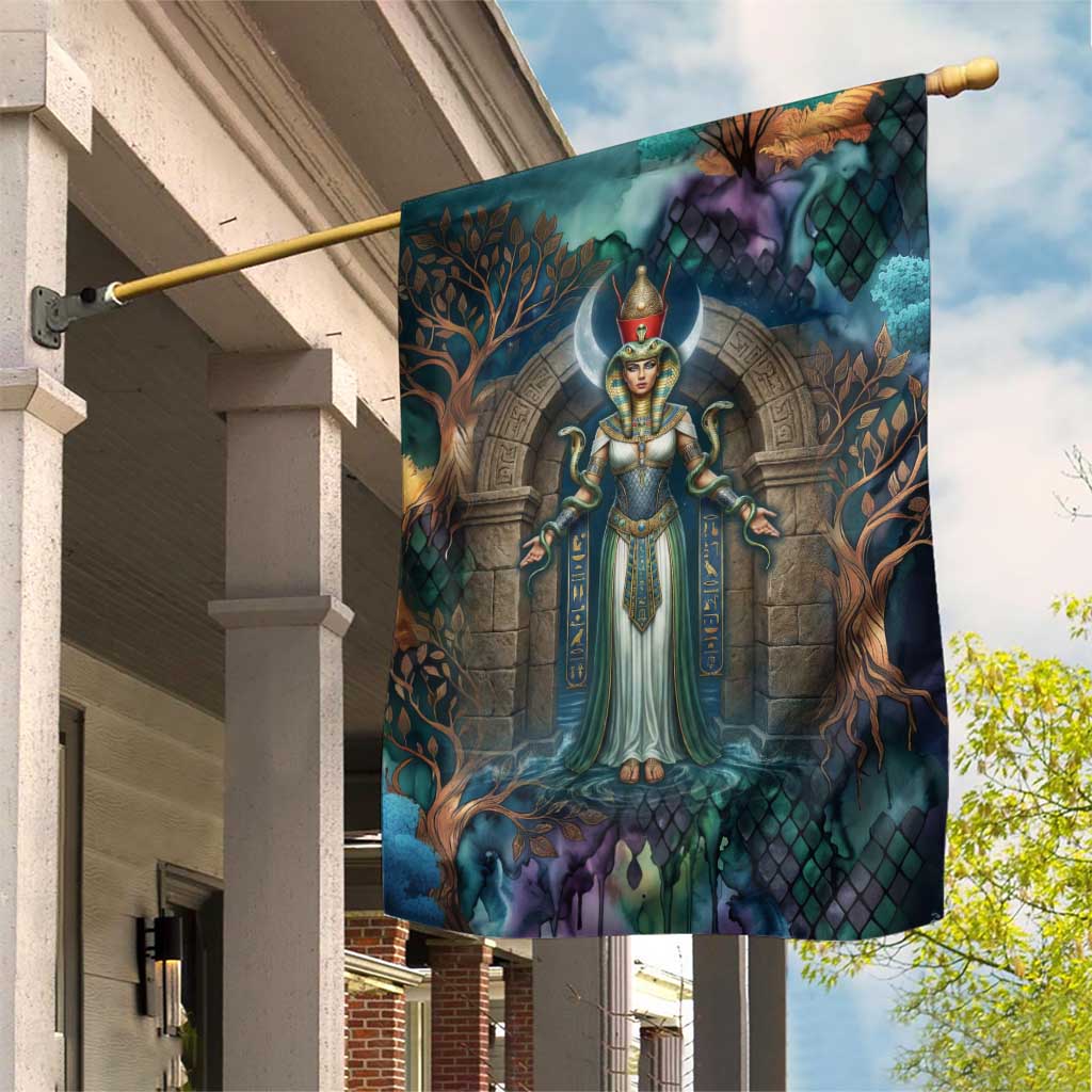 Amunet Ancient Temple Egyptian Garden Flag with Golden Serpent Mythology in Teal Tones