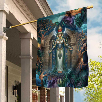Amunet Ancient Temple Egyptian Garden Flag with Golden Serpent Mythology in Teal Tones