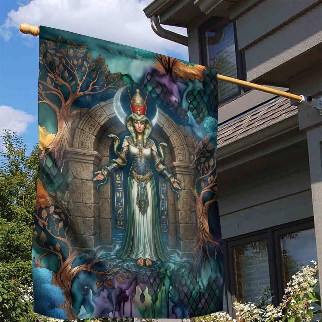Amunet Ancient Temple Egyptian Garden Flag with Golden Serpent Mythology in Teal Tones