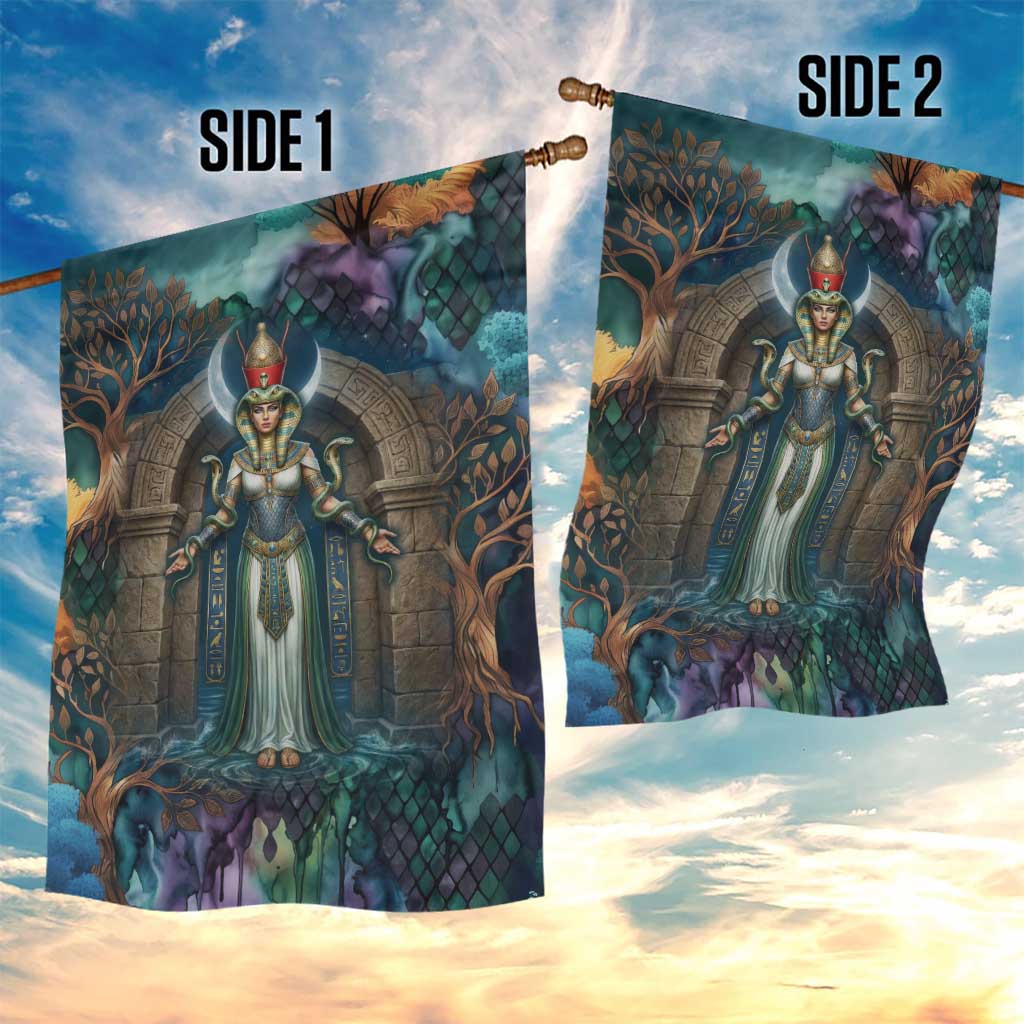 Amunet Ancient Temple Egyptian Garden Flag with Golden Serpent Mythology in Teal Tones