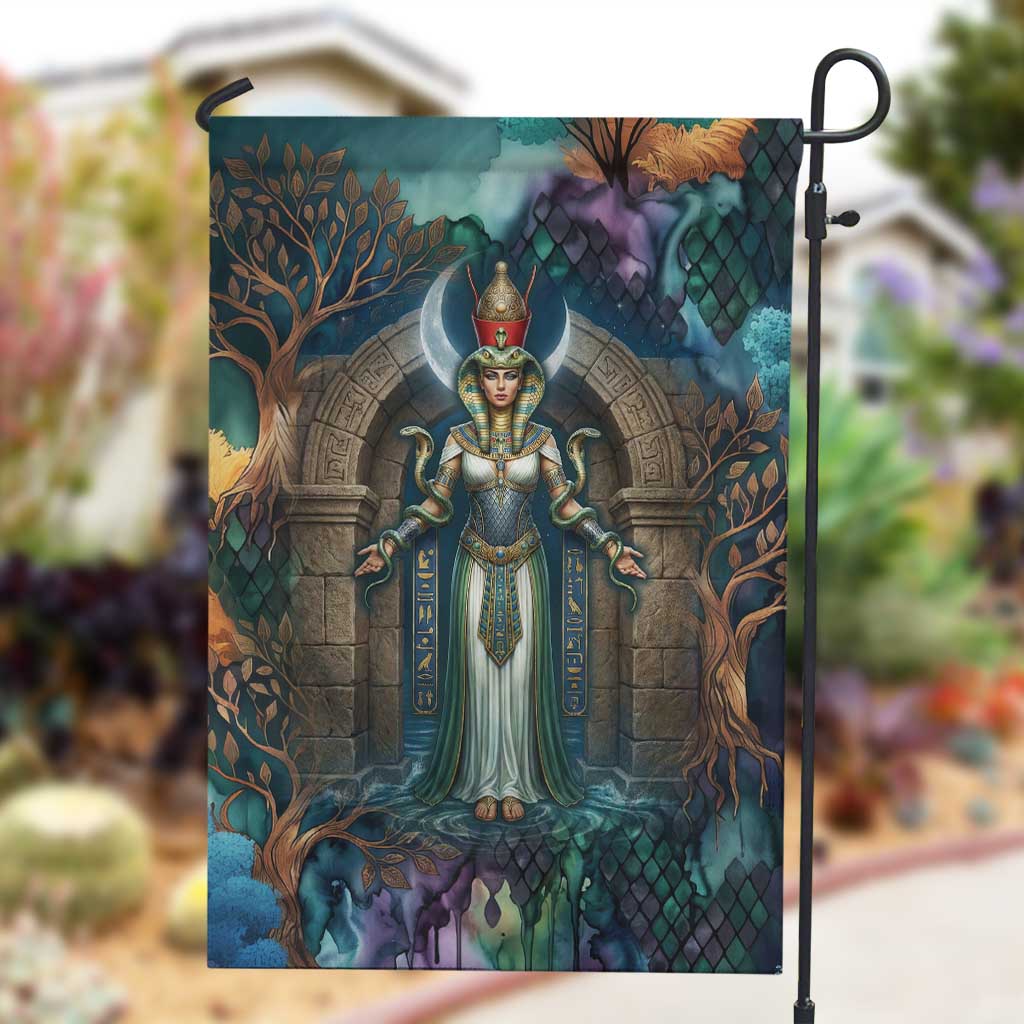 Amunet Ancient Temple Egyptian Garden Flag with Golden Serpent Mythology in Teal Tones