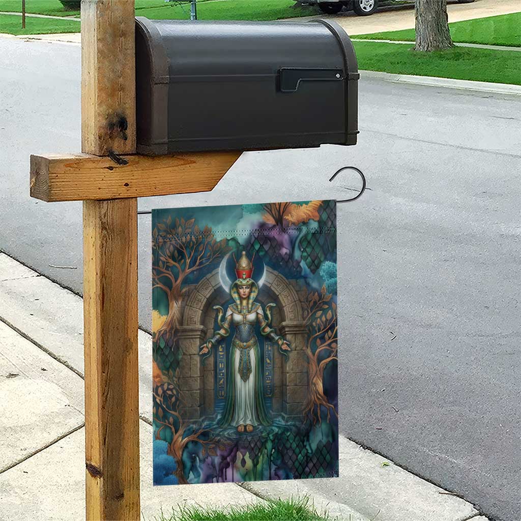 Amunet Ancient Temple Egyptian Garden Flag with Golden Serpent Mythology in Teal Tones