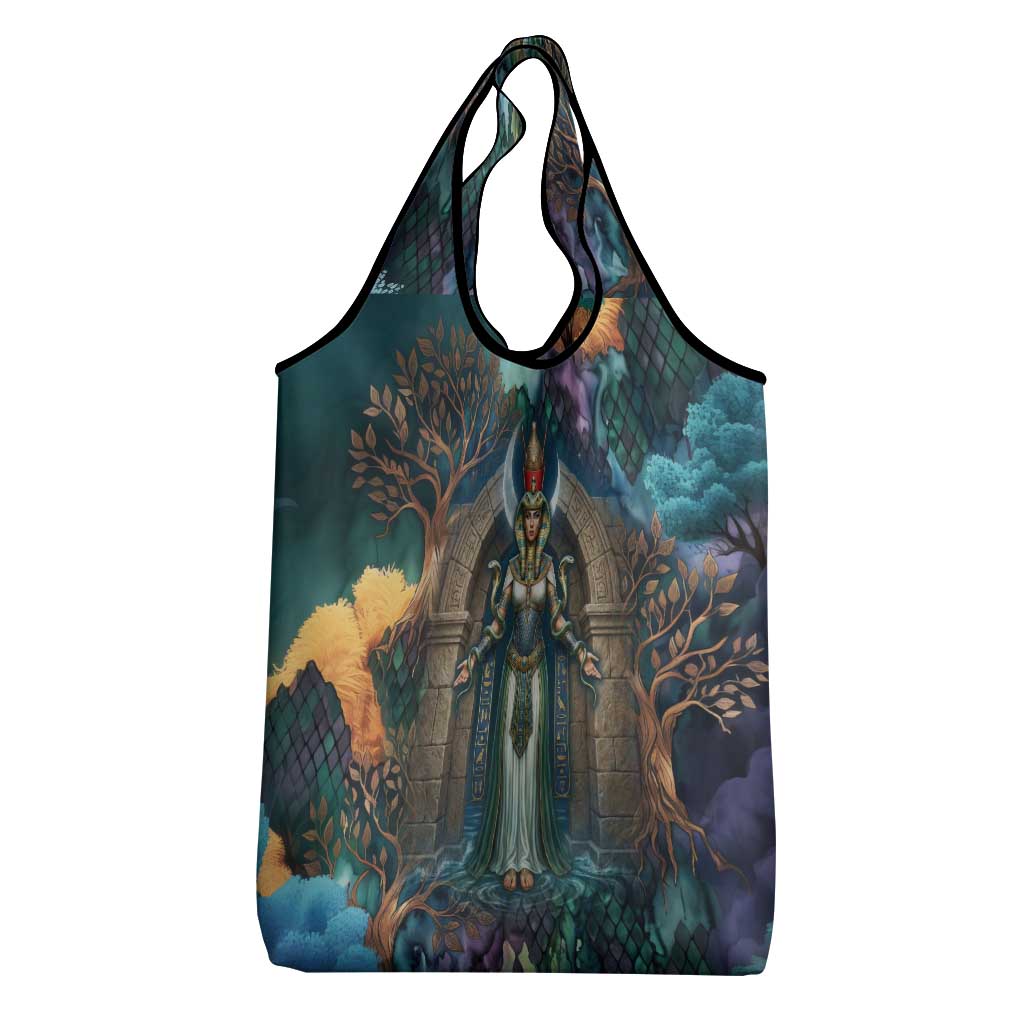 Amunet Ancient Temple Egyptian Grocery Bag with Golden Serpent Mythology in Teal Tones
