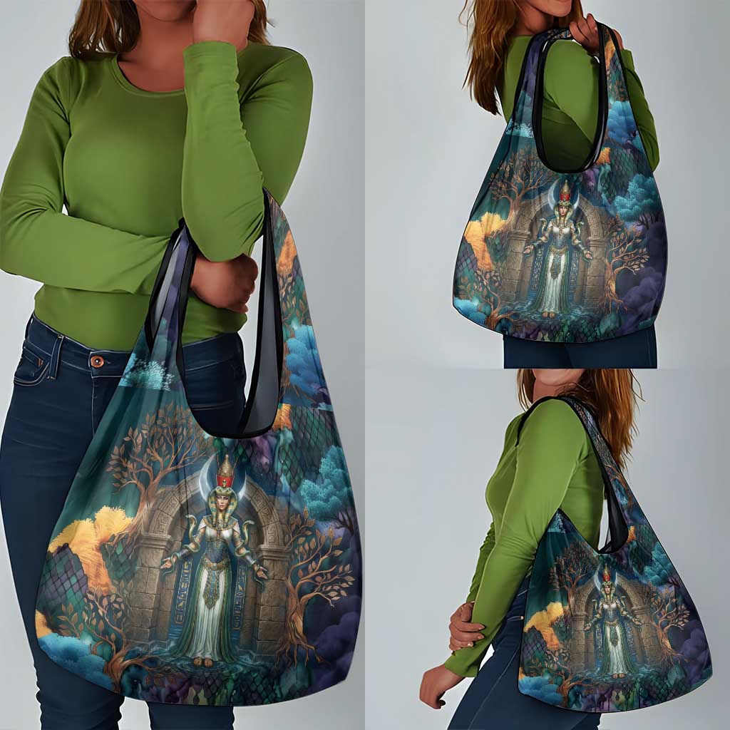 Amunet Ancient Temple Egyptian Grocery Bag with Golden Serpent Mythology in Teal Tones