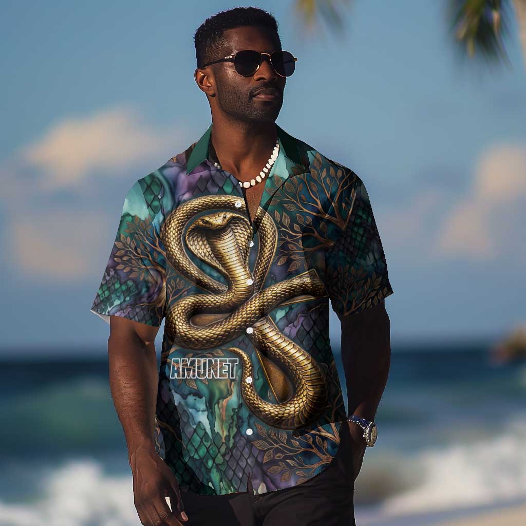 Amunet Ancient Temple Egyptian Hawaiian Shirt with Golden Serpent Mythology in Teal Tones