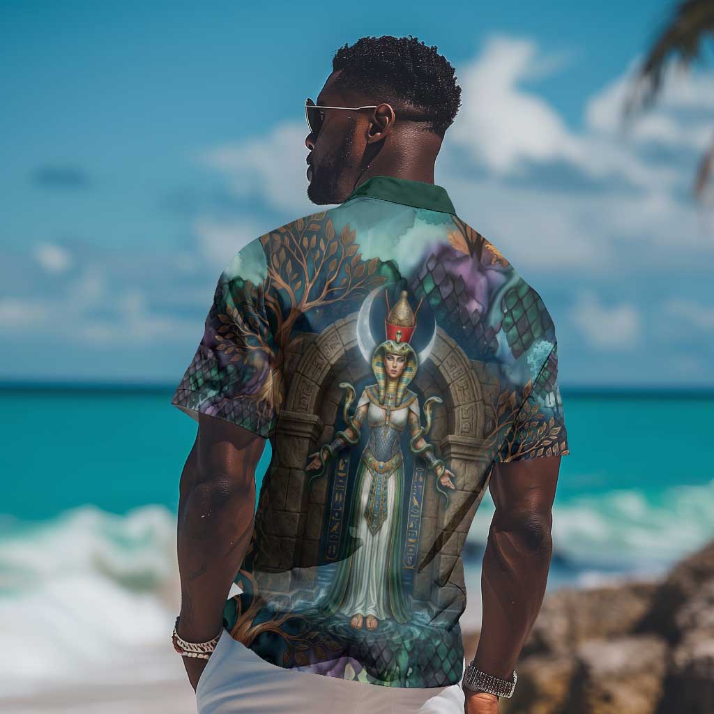 Amunet Ancient Temple Egyptian Hawaiian Shirt with Golden Serpent Mythology in Teal Tones