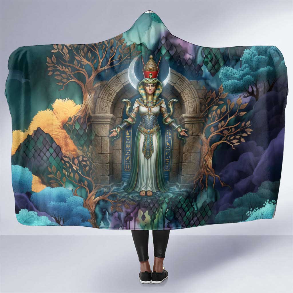 Amunet Ancient Temple Egyptian Hooded Blanket with Golden Serpent Mythology in Teal Tones