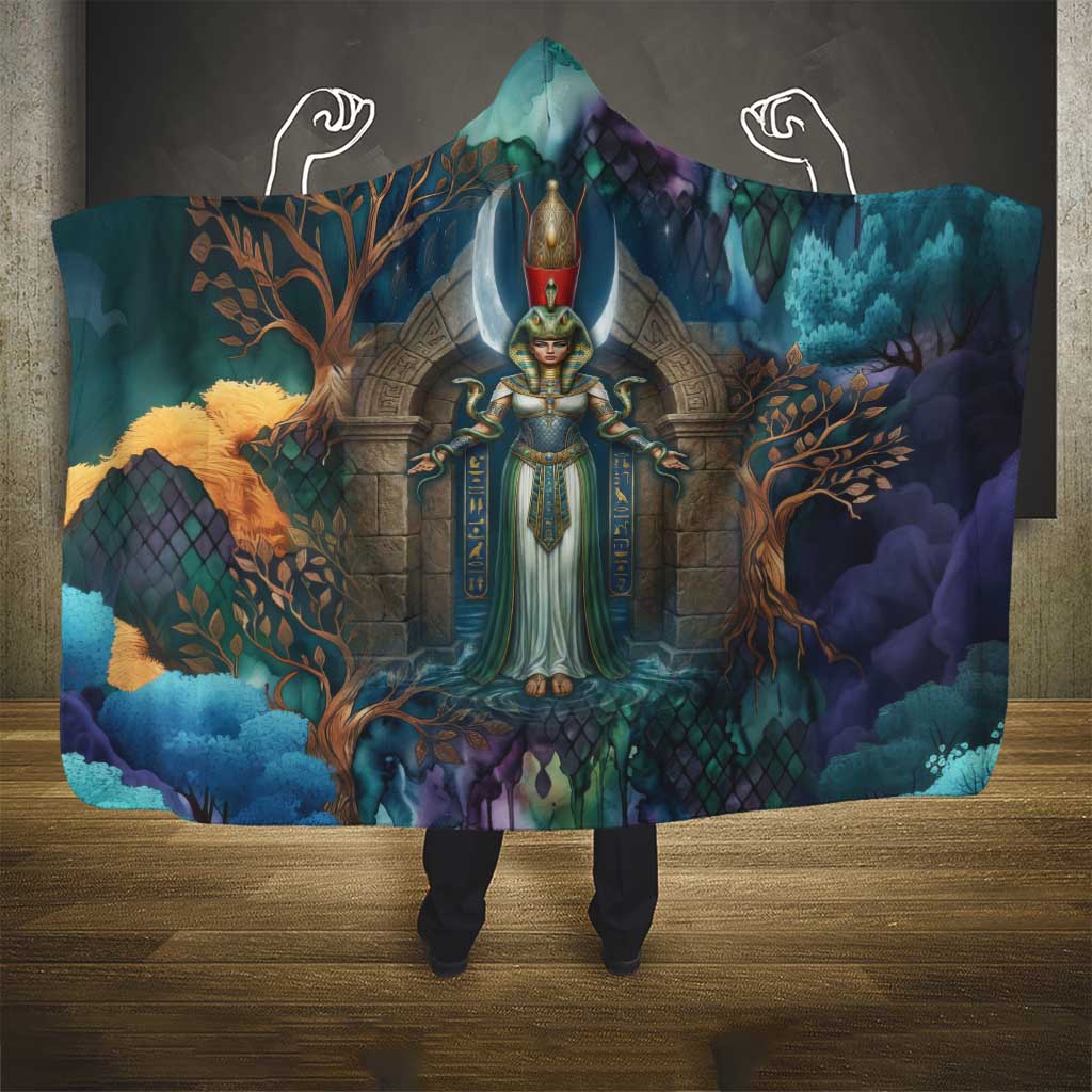 Amunet Ancient Temple Egyptian Hooded Blanket with Golden Serpent Mythology in Teal Tones