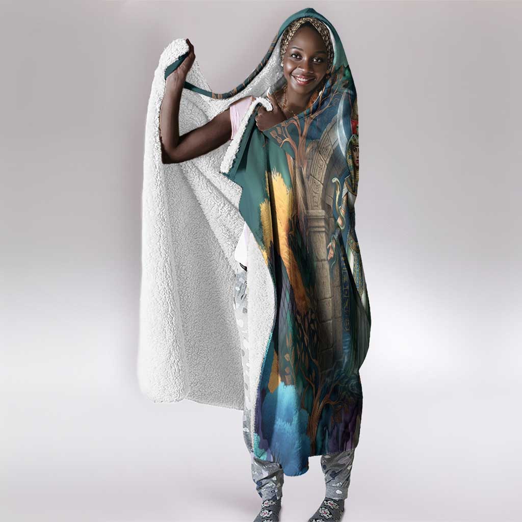 Amunet Ancient Temple Egyptian Hooded Blanket with Golden Serpent Mythology in Teal Tones