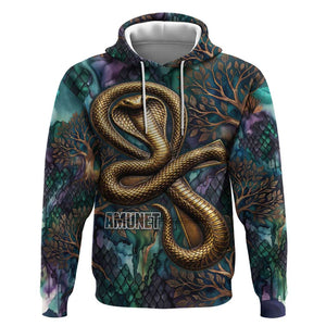 Amunet Ancient Temple Egyptian Hoodie with Golden Serpent Mythology in Teal Tones