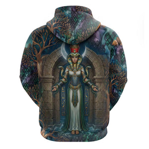 Amunet Ancient Temple Egyptian Hoodie with Golden Serpent Mythology in Teal Tones