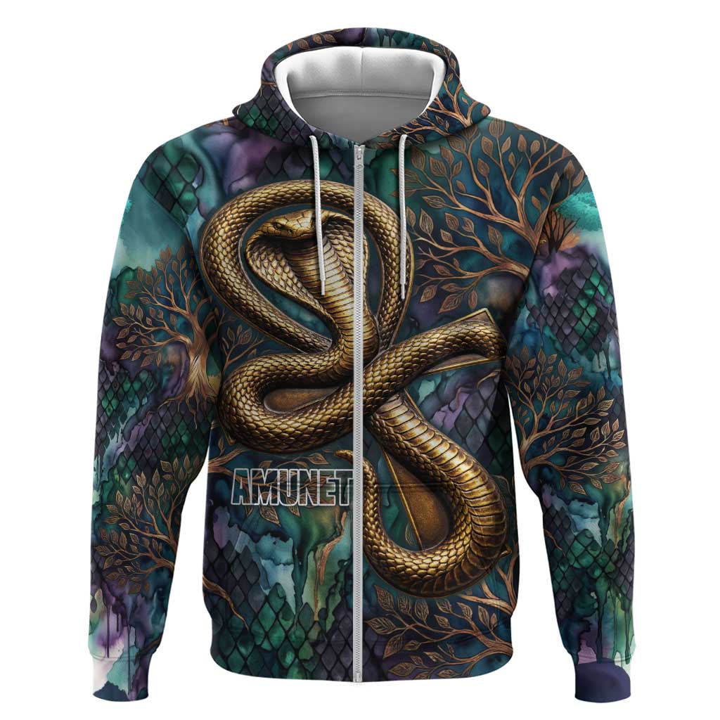 Amunet Ancient Temple Egyptian Hoodie with Golden Serpent Mythology in Teal Tones
