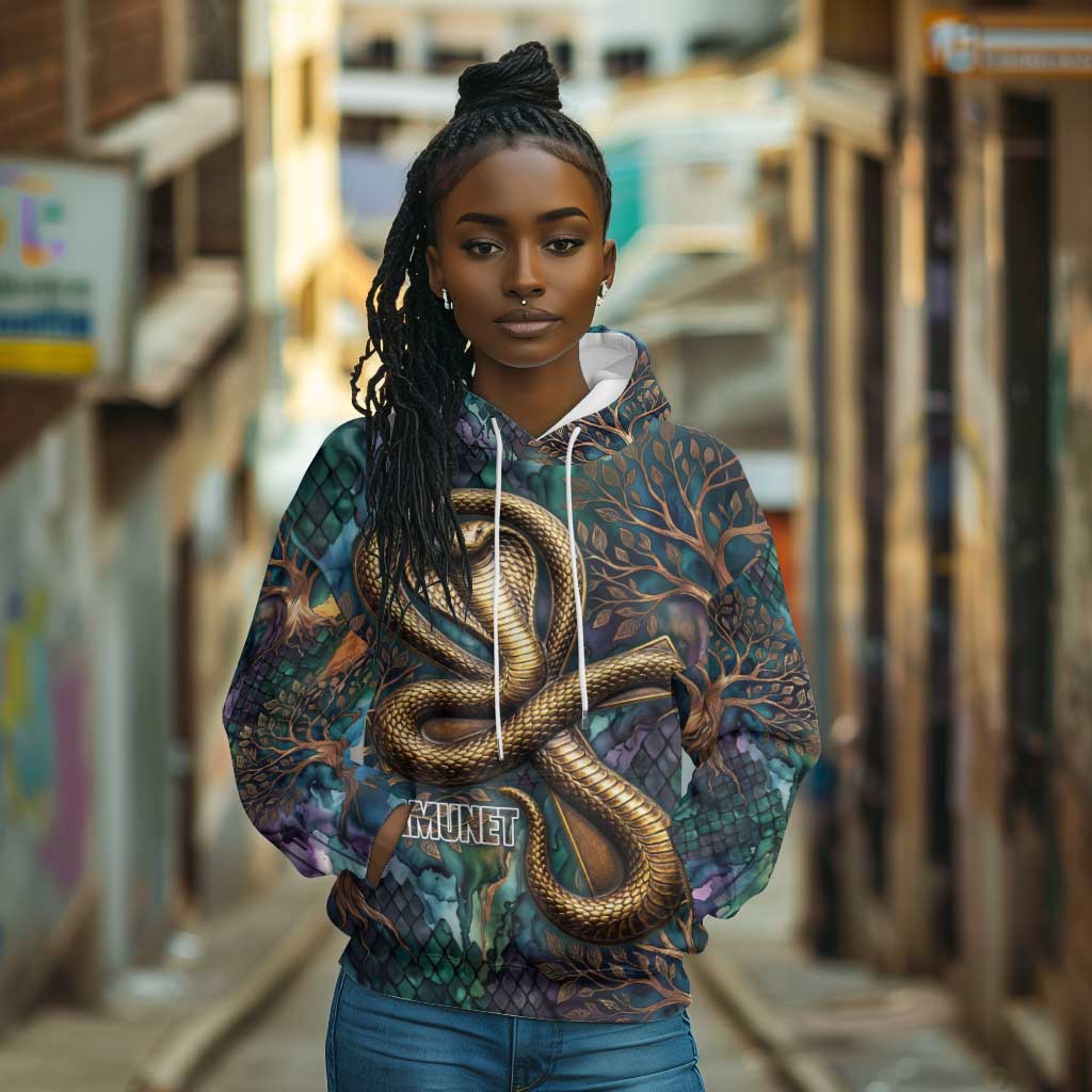 Amunet Ancient Temple Egyptian Hoodie with Golden Serpent Mythology in Teal Tones