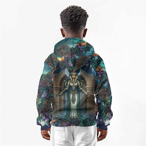 Amunet Ancient Temple Egyptian Kid Hoodie with Golden Serpent Mythology in Teal Tones