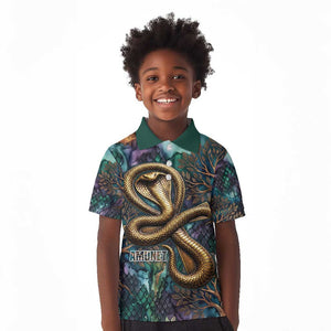 Amunet Ancient Temple Egyptian Kid Polo Shirt with Golden Serpent Mythology in Teal Tones