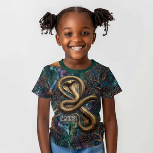 Amunet Ancient Temple Egyptian Kid T shirt with Golden Serpent Mythology in Teal Tones