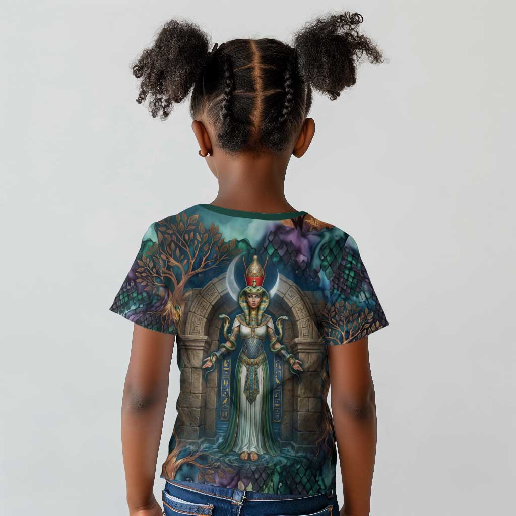 Amunet Ancient Temple Egyptian Kid T shirt with Golden Serpent Mythology in Teal Tones