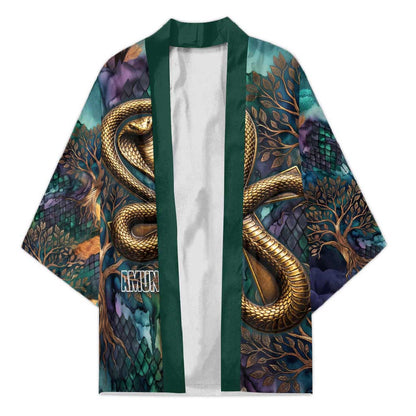 Amunet Ancient Temple Egyptian Kimono with Golden Serpent Mythology in Teal Tones