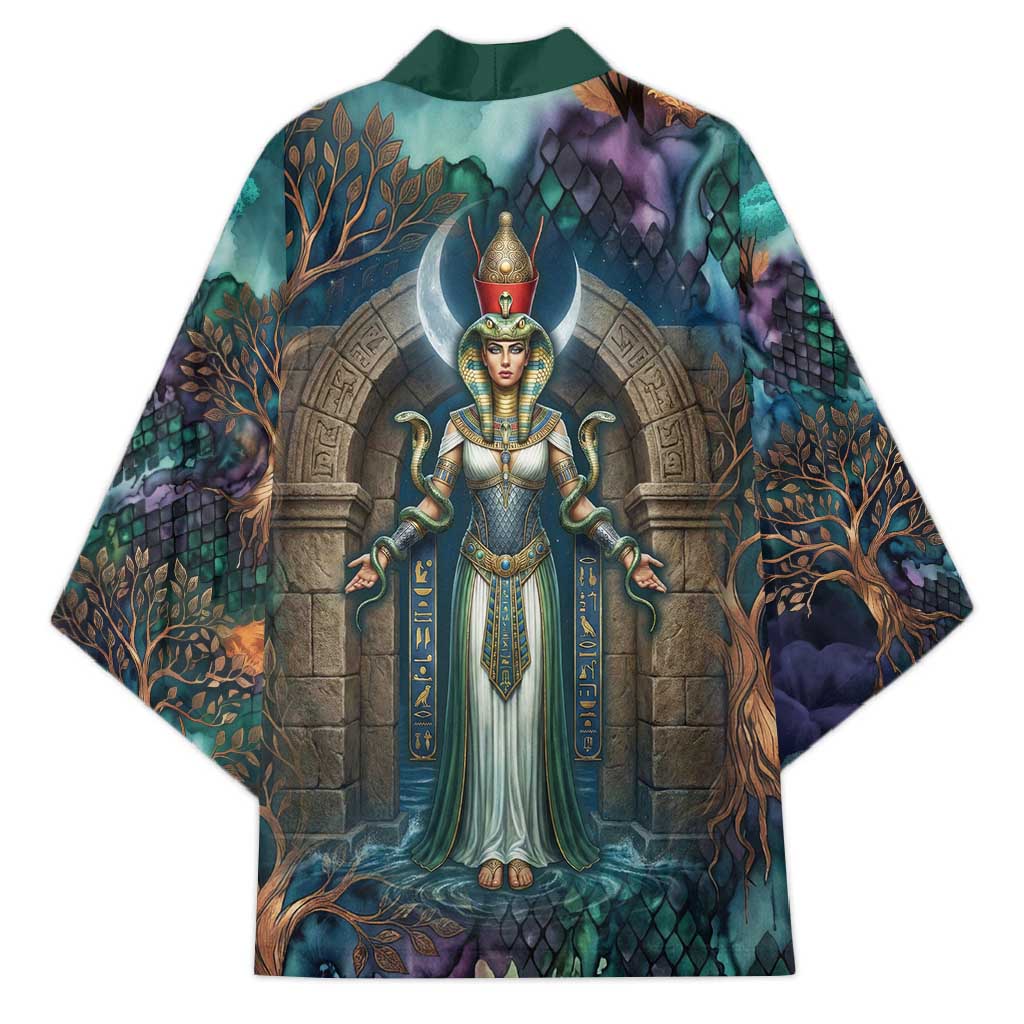 Amunet Ancient Temple Egyptian Kimono with Golden Serpent Mythology in Teal Tones