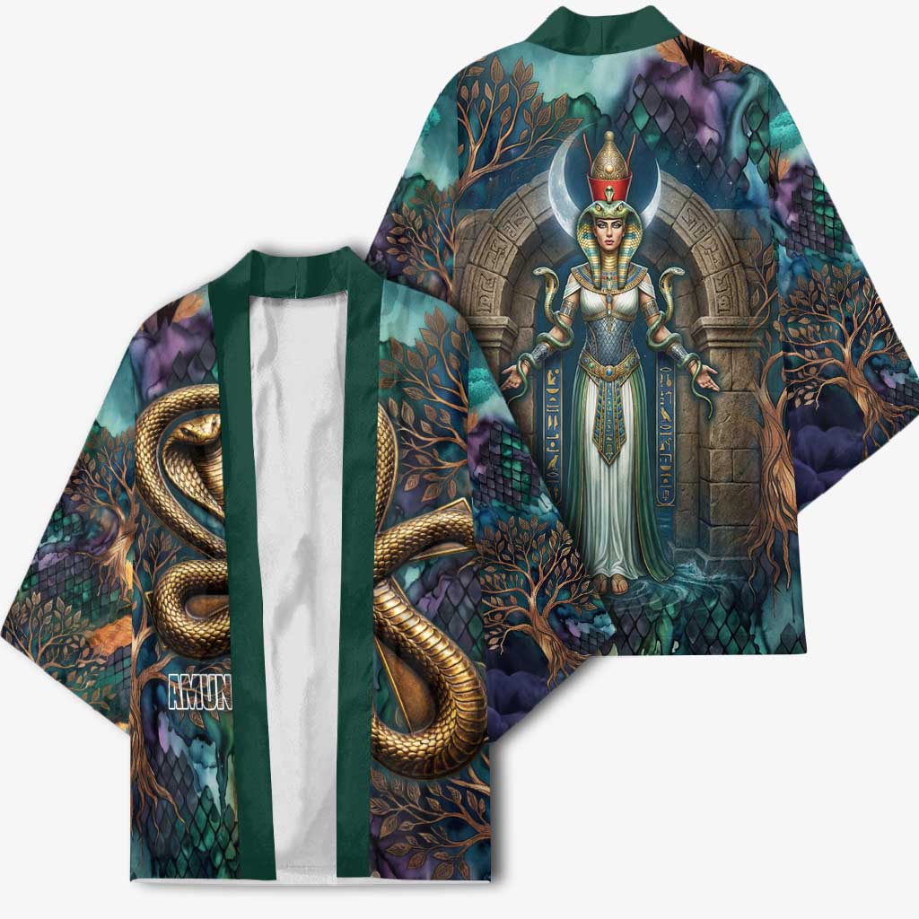 Amunet Ancient Temple Egyptian Kimono with Golden Serpent Mythology in Teal Tones