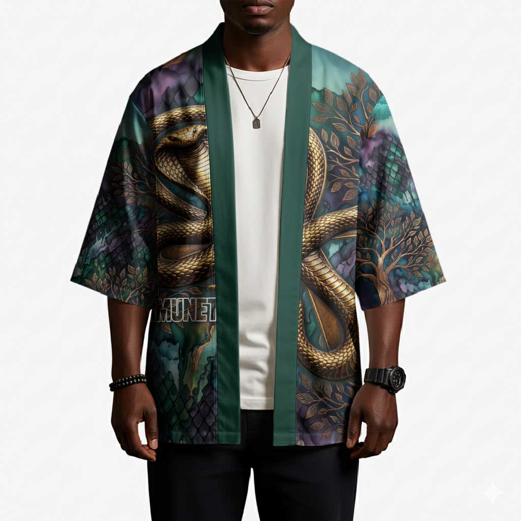 Amunet Ancient Temple Egyptian Kimono with Golden Serpent Mythology in Teal Tones