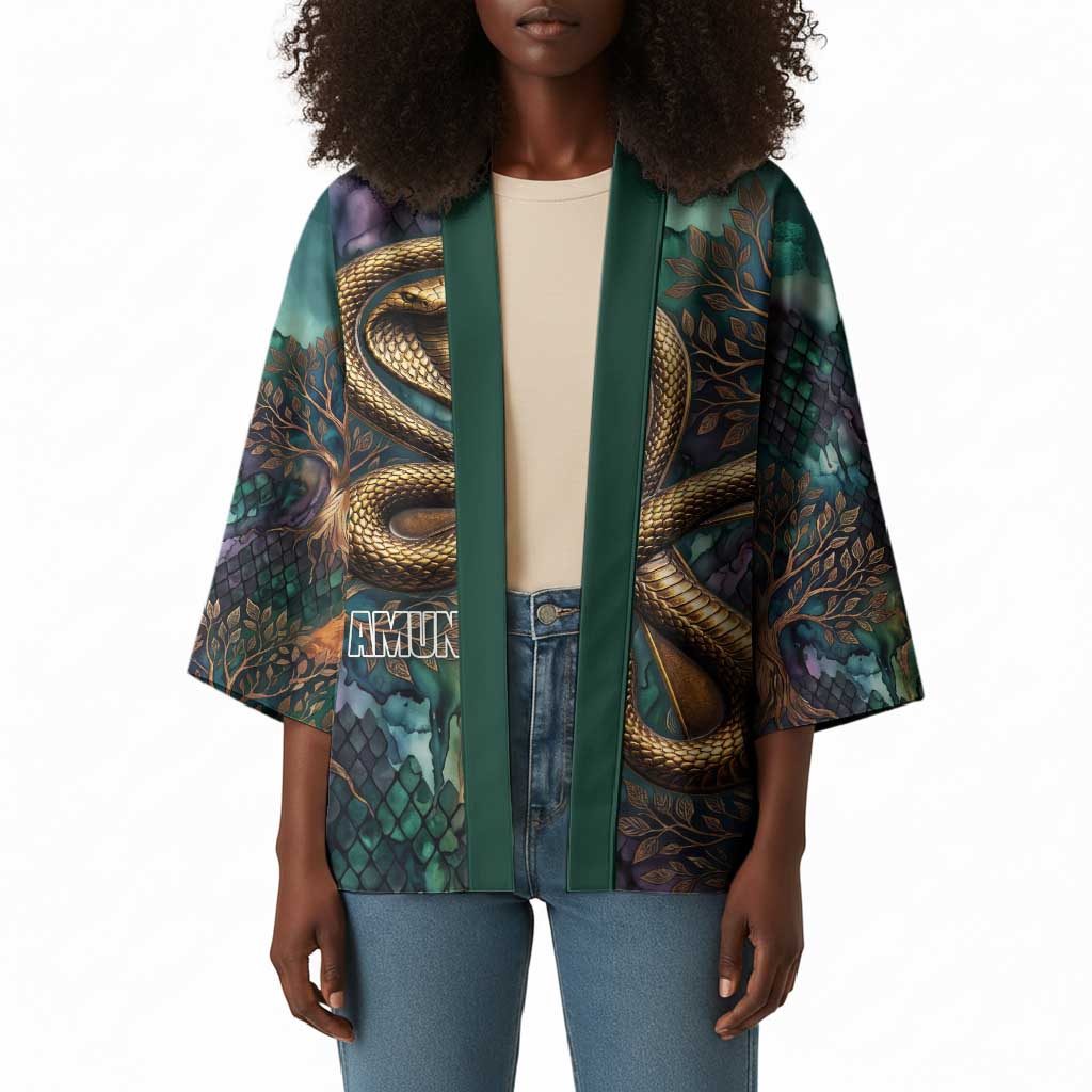 Amunet Ancient Temple Egyptian Kimono with Golden Serpent Mythology in Teal Tones