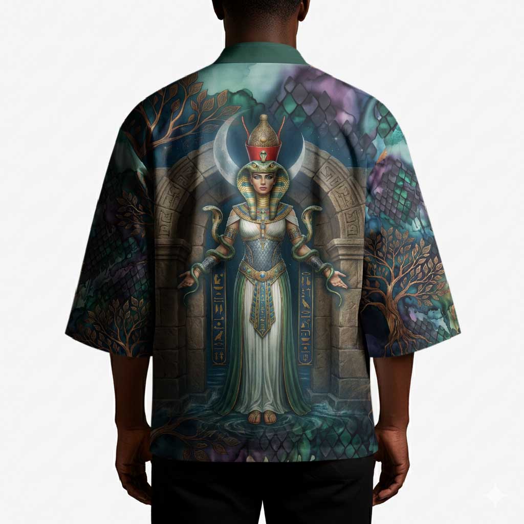 Amunet Ancient Temple Egyptian Kimono with Golden Serpent Mythology in Teal Tones