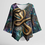 Amunet Ancient Temple Egyptian Kimono Sleeve Blouse with Golden Serpent Mythology in Teal Tones