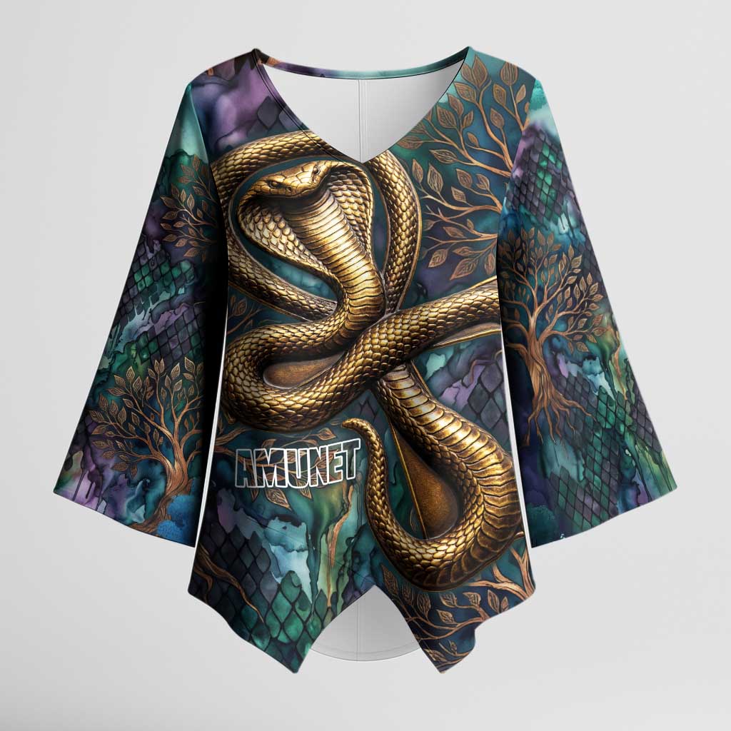 Amunet Ancient Temple Egyptian Kimono Sleeve Blouse with Golden Serpent Mythology in Teal Tones