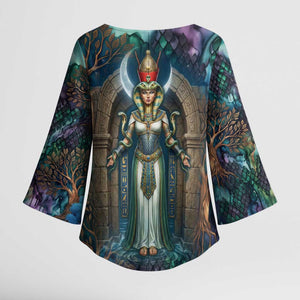 Amunet Ancient Temple Egyptian Kimono Sleeve Blouse with Golden Serpent Mythology in Teal Tones