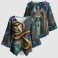 Amunet Ancient Temple Egyptian Kimono Sleeve Blouse with Golden Serpent Mythology in Teal Tones