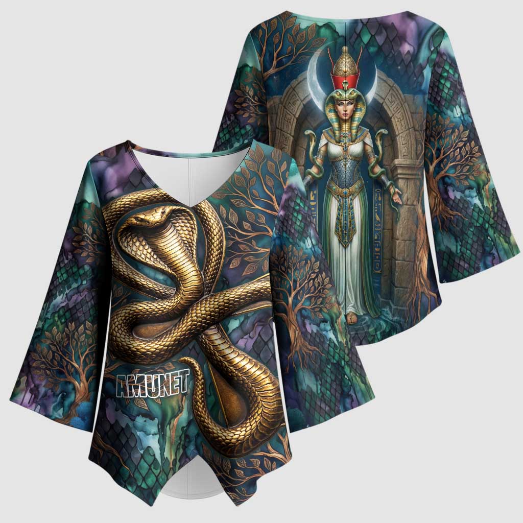 Amunet Ancient Temple Egyptian Kimono Sleeve Blouse with Golden Serpent Mythology in Teal Tones