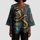 Amunet Ancient Temple Egyptian Kimono Sleeve Blouse with Golden Serpent Mythology in Teal Tones