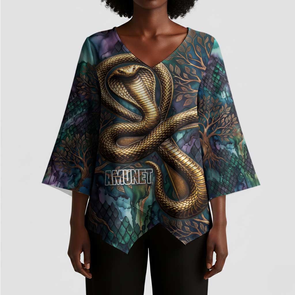 Amunet Ancient Temple Egyptian Kimono Sleeve Blouse with Golden Serpent Mythology in Teal Tones