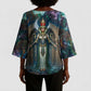 Amunet Ancient Temple Egyptian Kimono Sleeve Blouse with Golden Serpent Mythology in Teal Tones